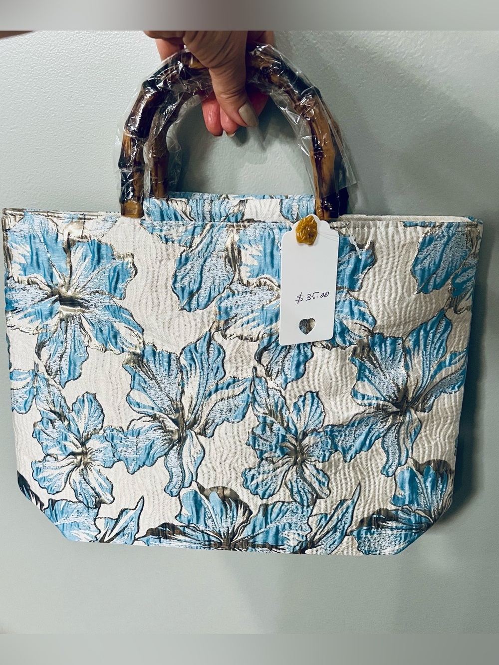 Blue Floral Tote Bag with Bamboo-Style Handles